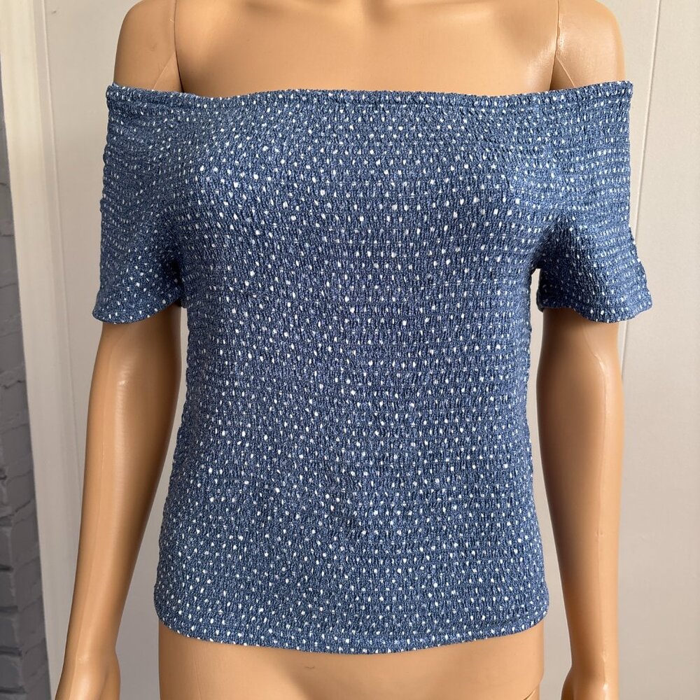 Japna Ruched Stretch White Polka Dot Denim Blue Camisole Blouse NWT Size L